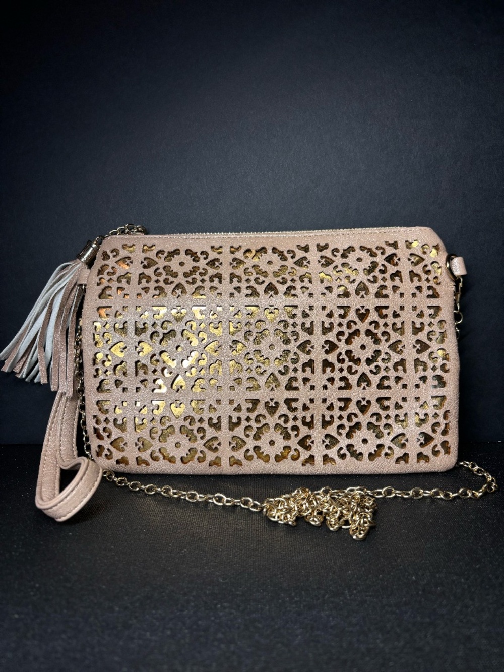 Expressions NYC Blush Pink Laser Cut Crossbody Clutch Tassel Chain Bag
